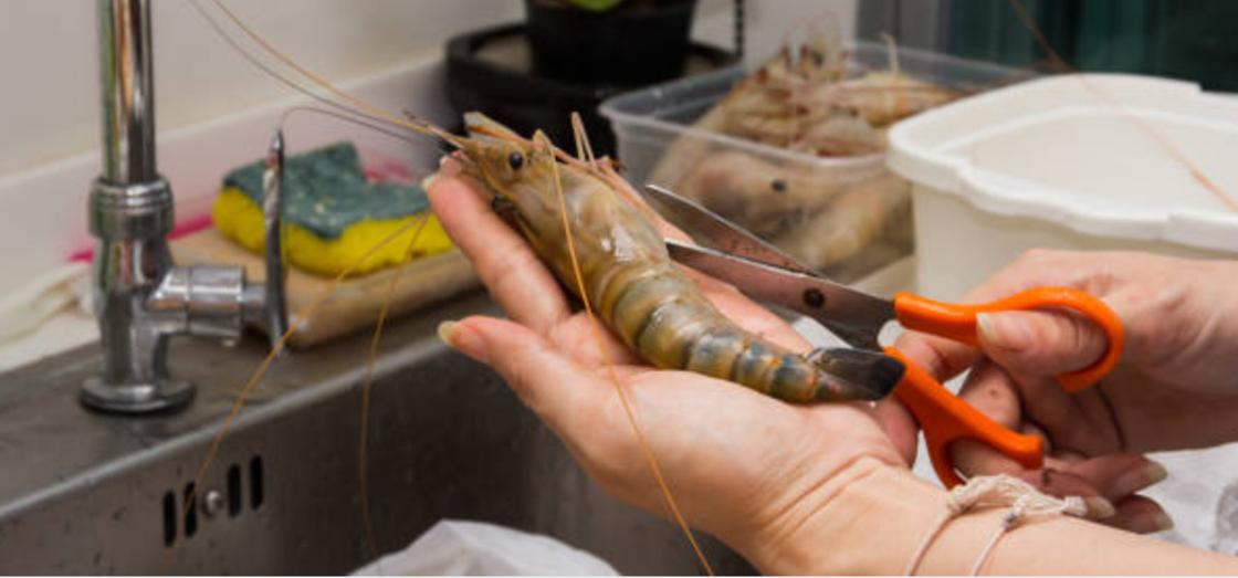Как проводить чистку креветок ножницами