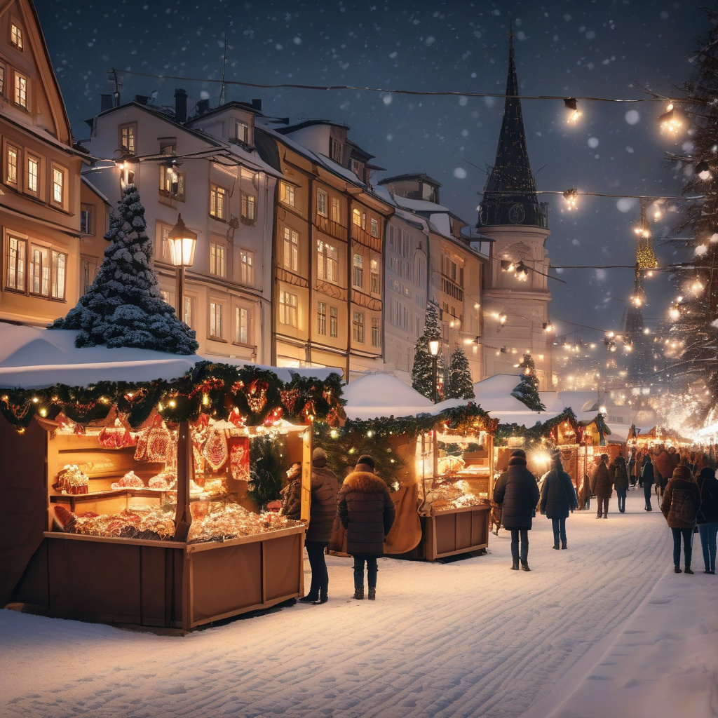 Зимовий ярмарок у Франкфурті з ліхтарями і святковою ілюмінацією Вечірній зимовий ярмарок з вогниками і каруселлю у Франкфурті