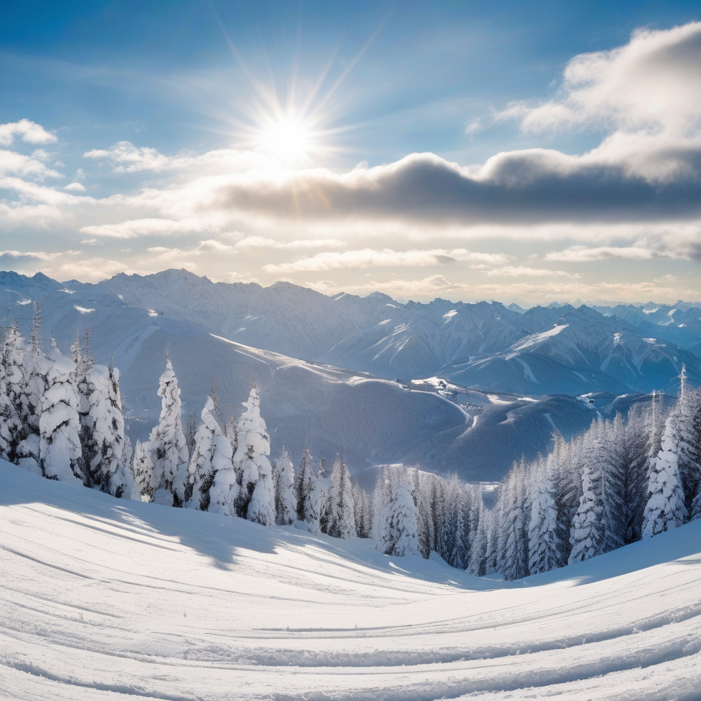Курорт у Альпах: гірськолижники на трасі, зимова панорама, ідеальні умови для катання Захопливий вид на гірськолижну трасу у французьких Альпах, активний відпочинок на снігу