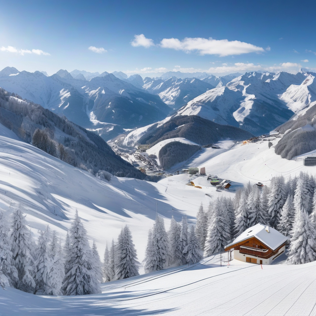 Гірськолижний курорт Австрії, Тіроль на світанку, спуск по засніженій трасі, гори в серпанку