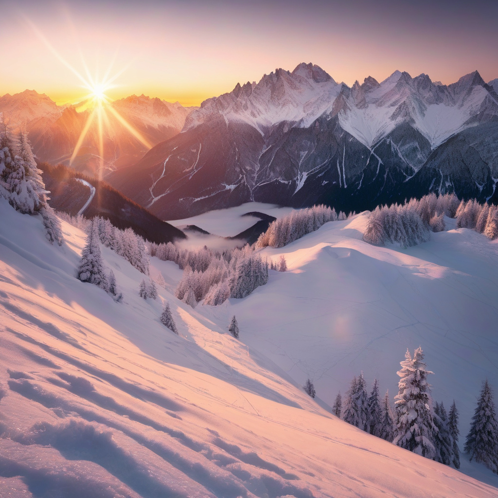 Зима в австрійських Альпах, засніжене містечко на світанку та щасливі туристи