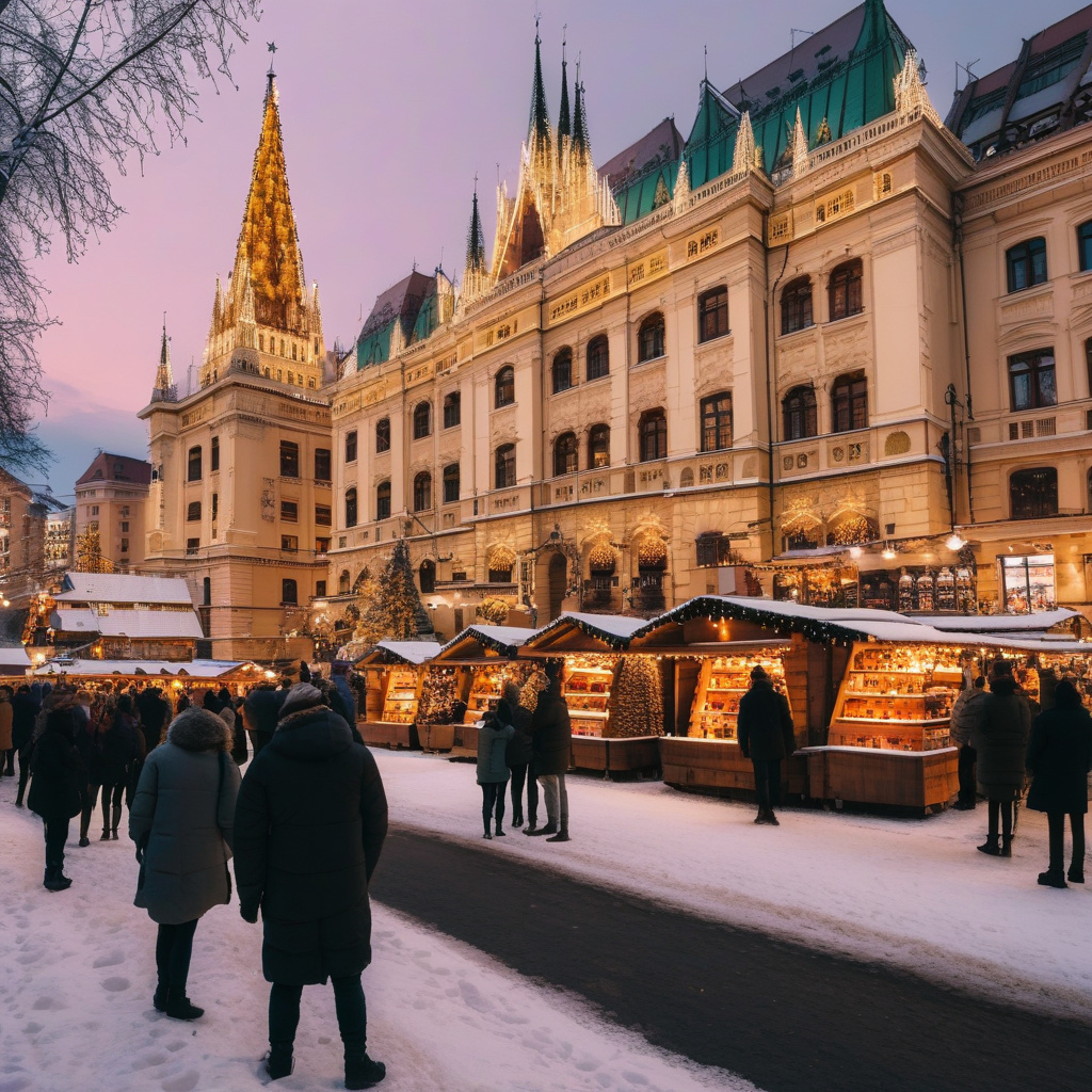 Різдвяний ярмарок у Будапешті 2026, нічні вогники та ялинка, традиційна атмосфера Різдвяний ярмарок Будапешта 2026 нічна панорама ялинка святкові будиночки