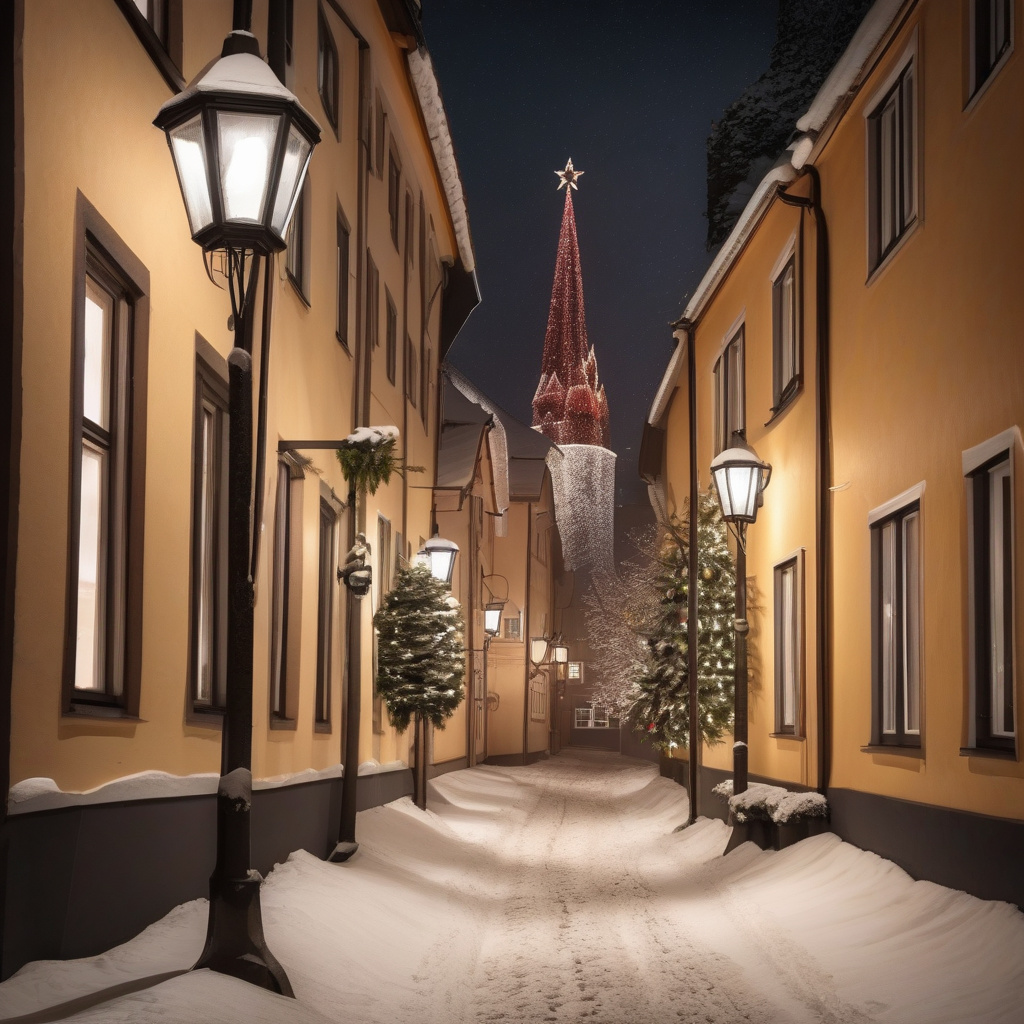 Зимова ніч на різдвяному ринку: світлові декорації і натовп туристів Ярмарковий вечір у старовинному місті з ілюмінованою центральною площею