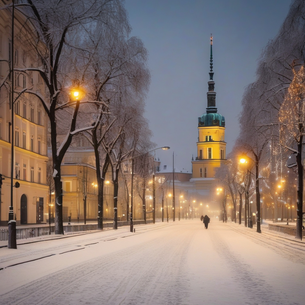 Вечірні святкові маршрути у Варшаві: родина біля ілюмінаційної арки у центрі Варшавська родина фотографується увечері біля казкової арки з ліхтарями