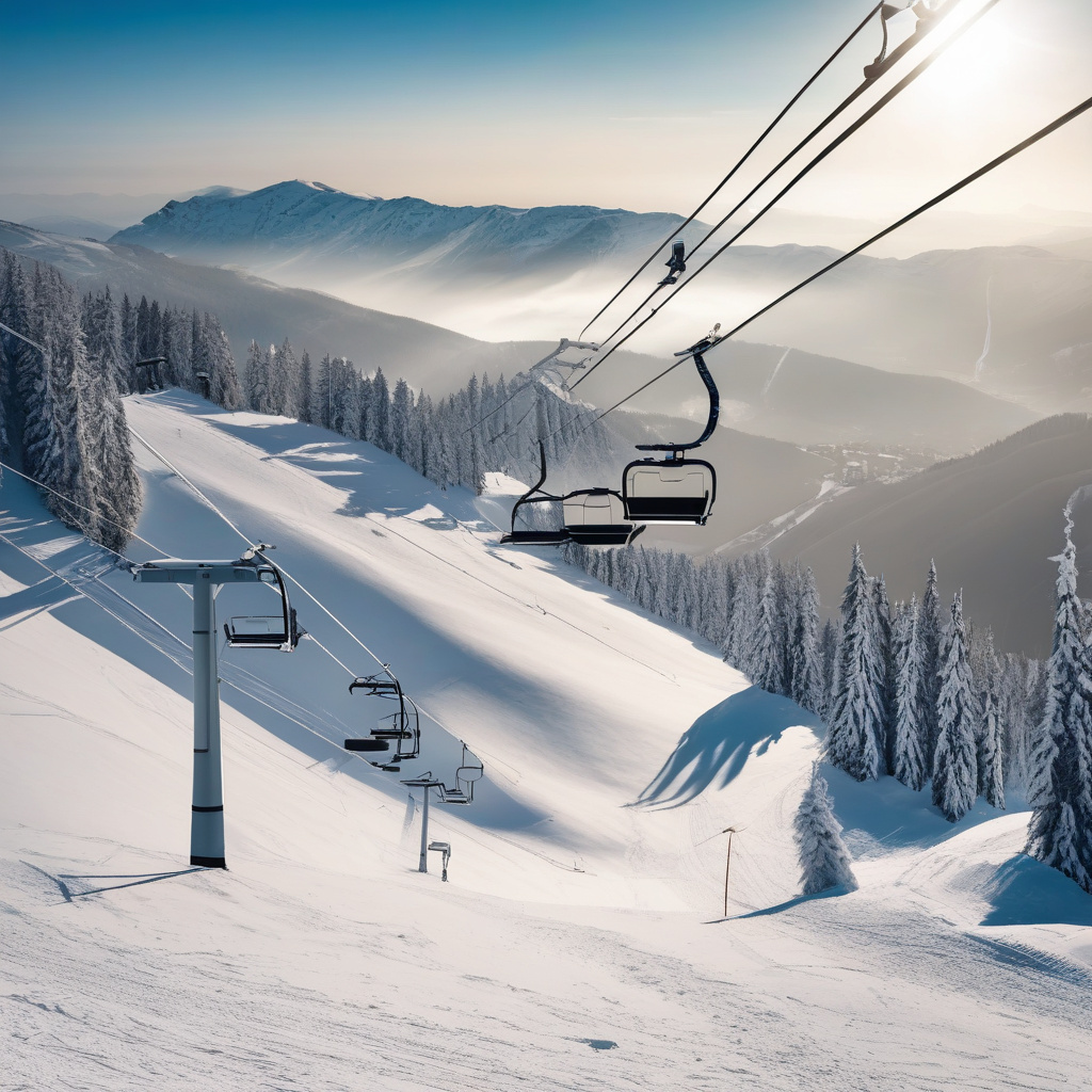 Гірськолижний курорт Румунії — лижники на трасі, засніжені гори й сучасний витяг Гірськолижний курорт Румунії — лижники на трасі, засніжені гори й сучасний витяг