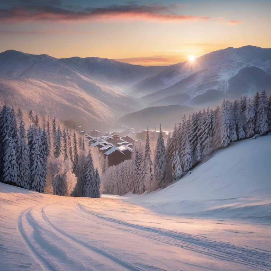 Гірськолижний курорт Румунії — краєвид витягу, засніжені сосни, група лижників на оглядовому майданчику Гірськолижний курорт Румунії — краєвид витягу, засніжені сосни, група лижників на оглядовому майданчику