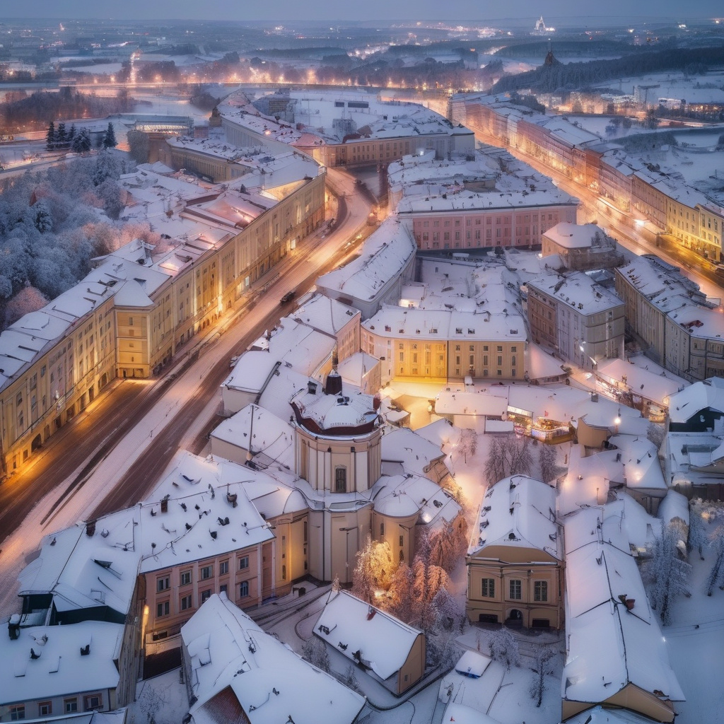 Вузькі засніжені вулиці й вечірні ліхтарі — зимовий сюжет Вільнюса Зимові вулиці Вільнюса в снігу, ніч і старовинні ліхтарі