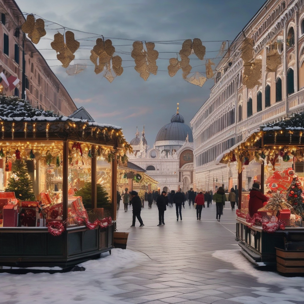 Святкові гондоли Венеції: різдвяна ніч, канали, ілюмінація Різдвяні гондоли на венеційських каналах, святкові вогні