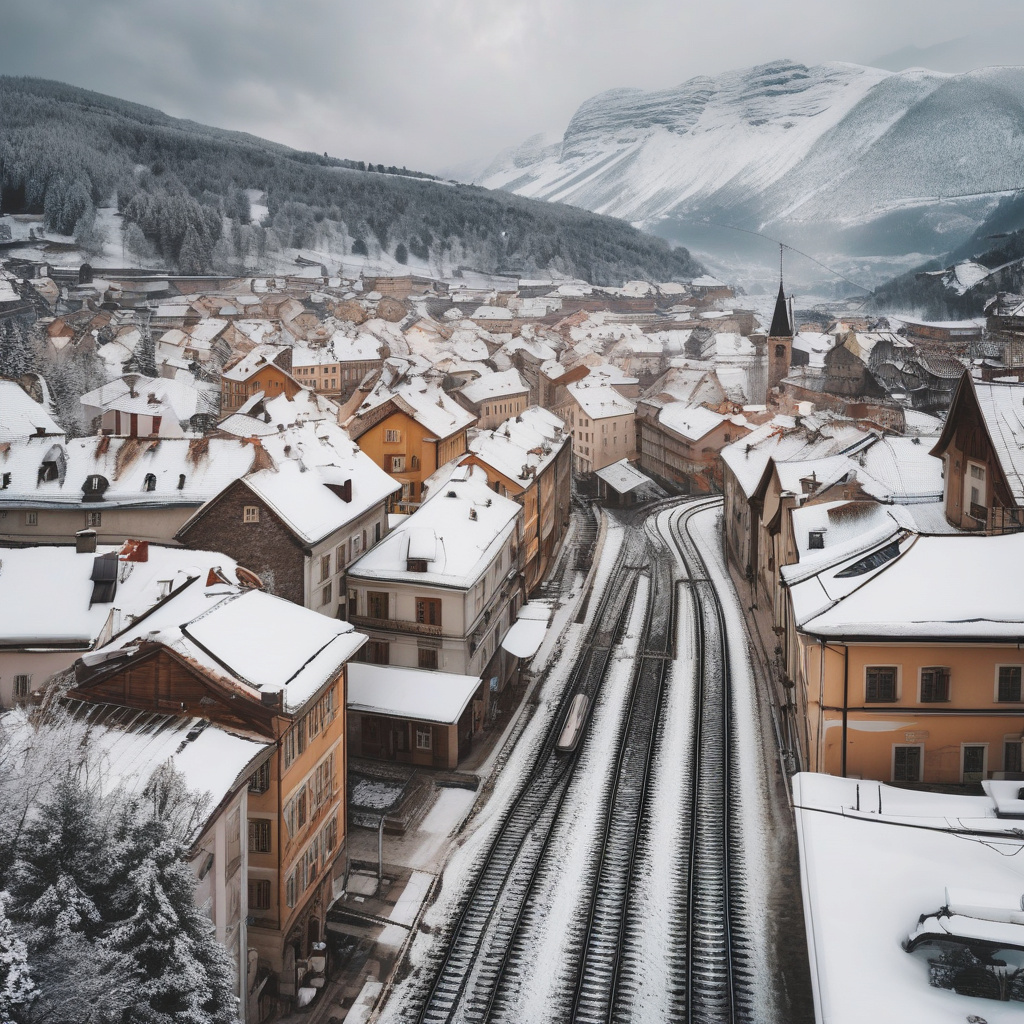 Залізнична станція у сучасній зимовій Європі, напрямки майбутнього Сучасна залізнична станція у зимовому європейському місті