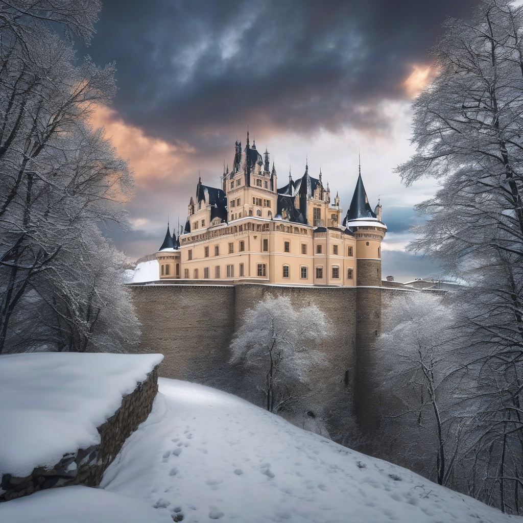 Казкові зимові замки Європи увечері зі світлом у вікнах