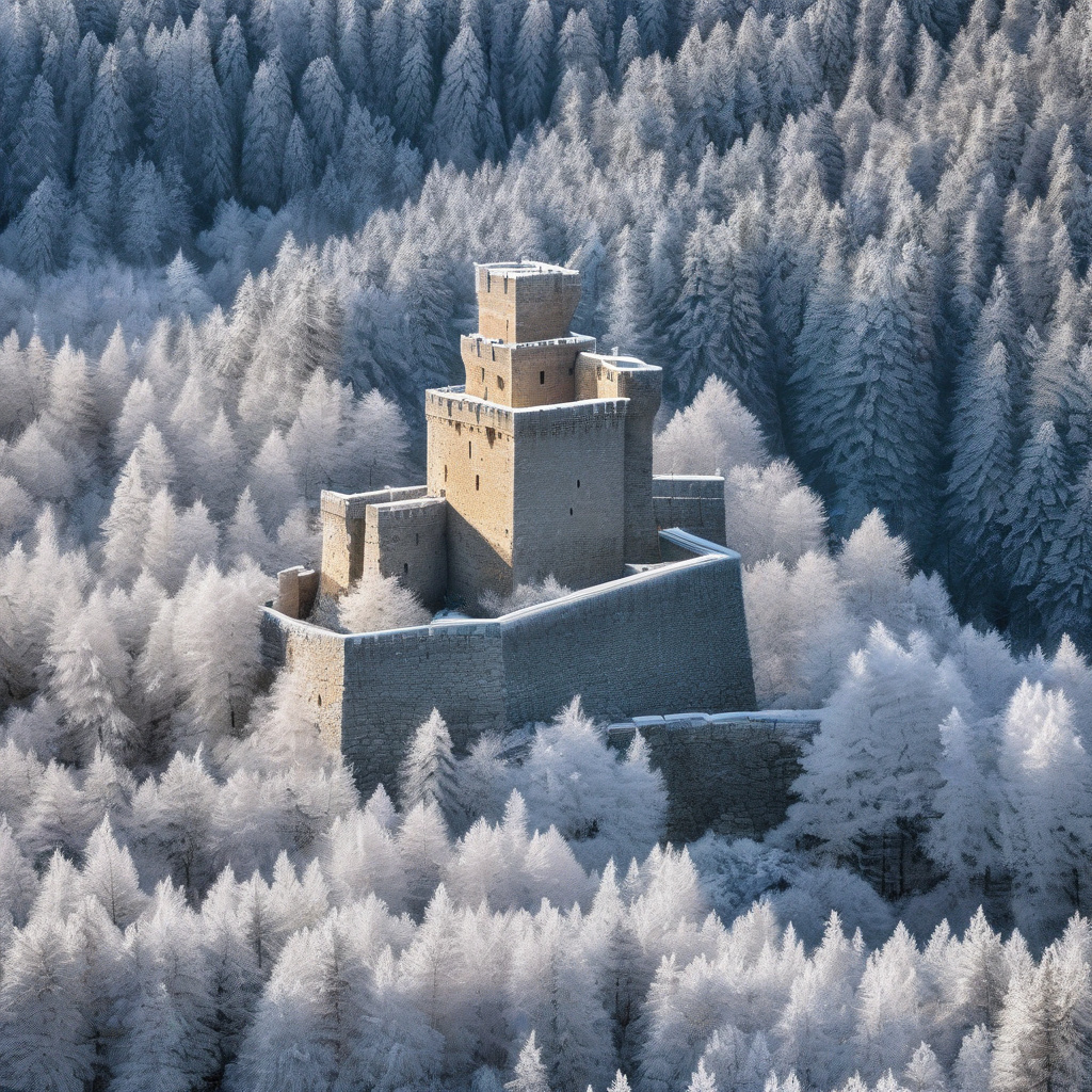 Зимовий французький замок на березі річки в снігу з ілюмінацією