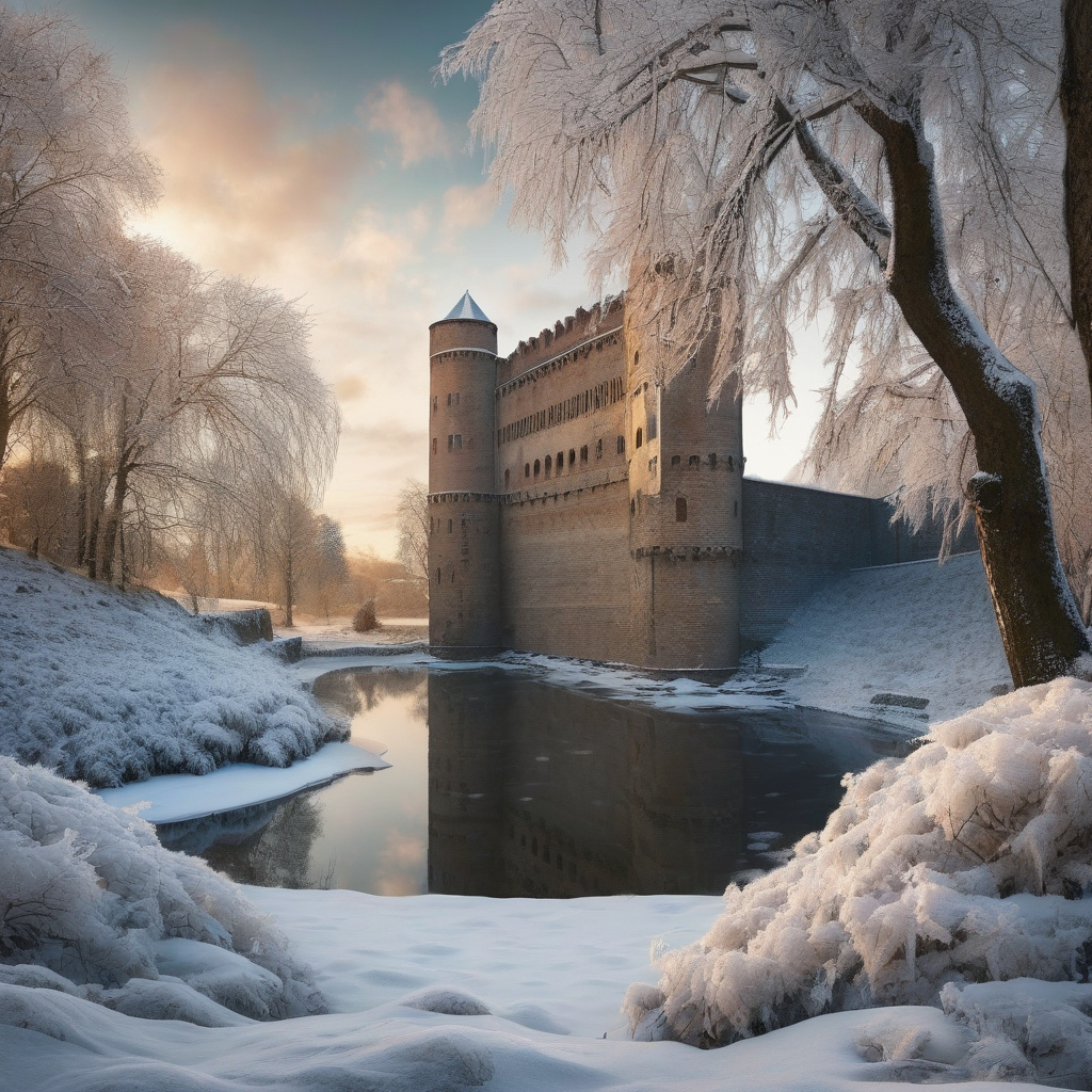 Шотландський замок на зимовому узбережжі в променях західного сонця