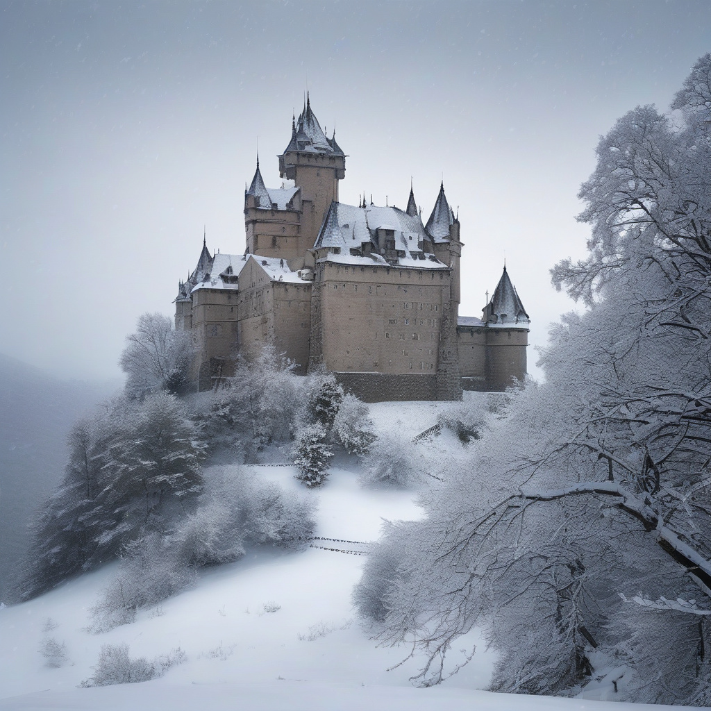 Святкова ілюмінація в старому замку Європи під снігом