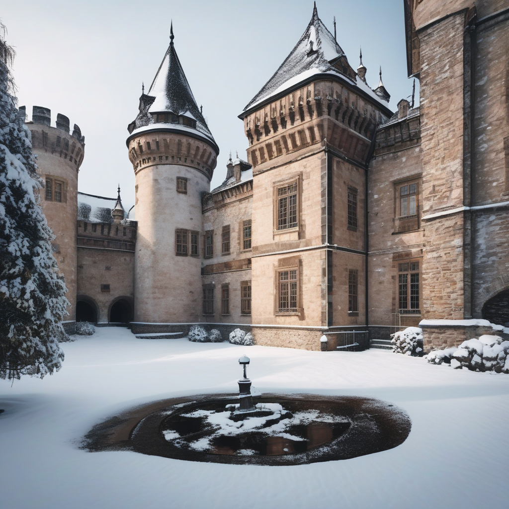 Європейський замок зі сніговими дахами та гірляндами на площі