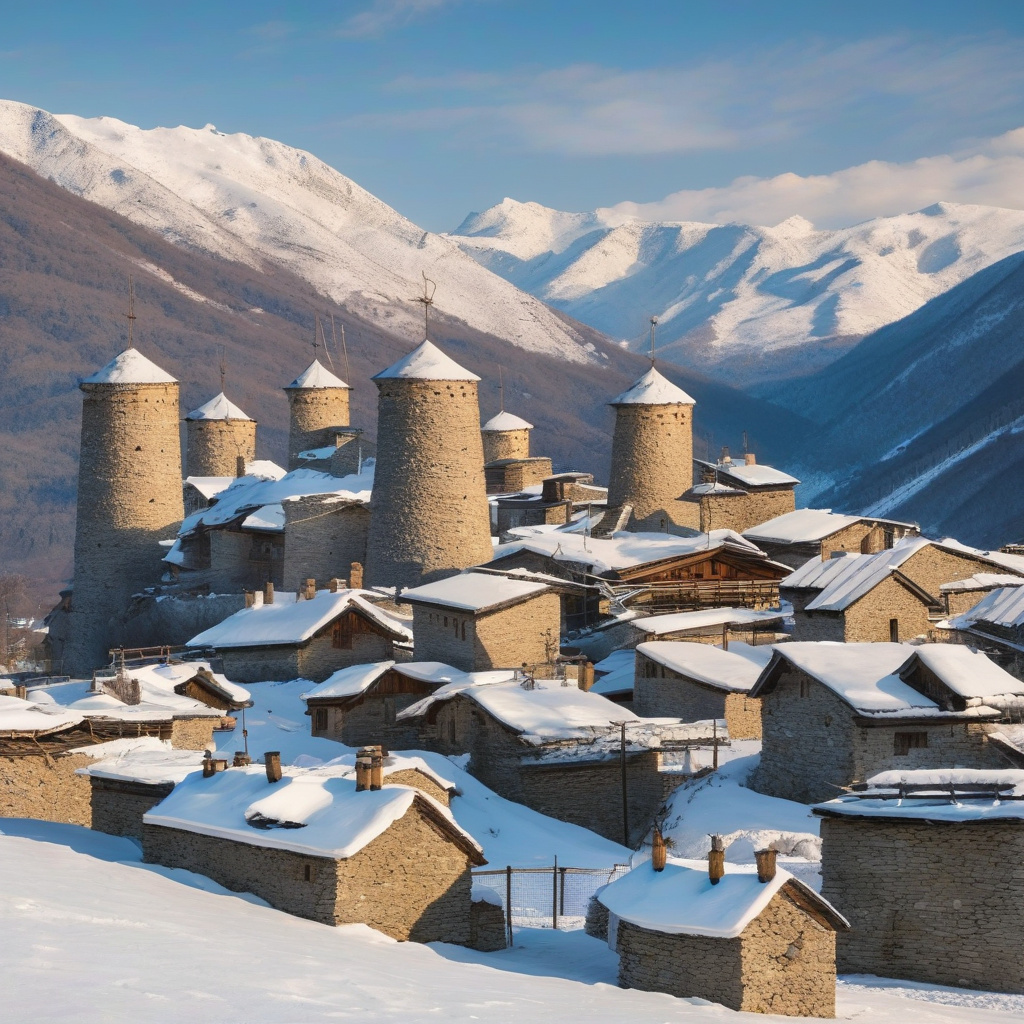 Местія – автентична атмосфера та гірськолижні траси серед веж Сванетії, Грузія, 2026 рік Панорама засніженої Местії, Сванетія, гори та стародавні вежі на тлі лижних трас