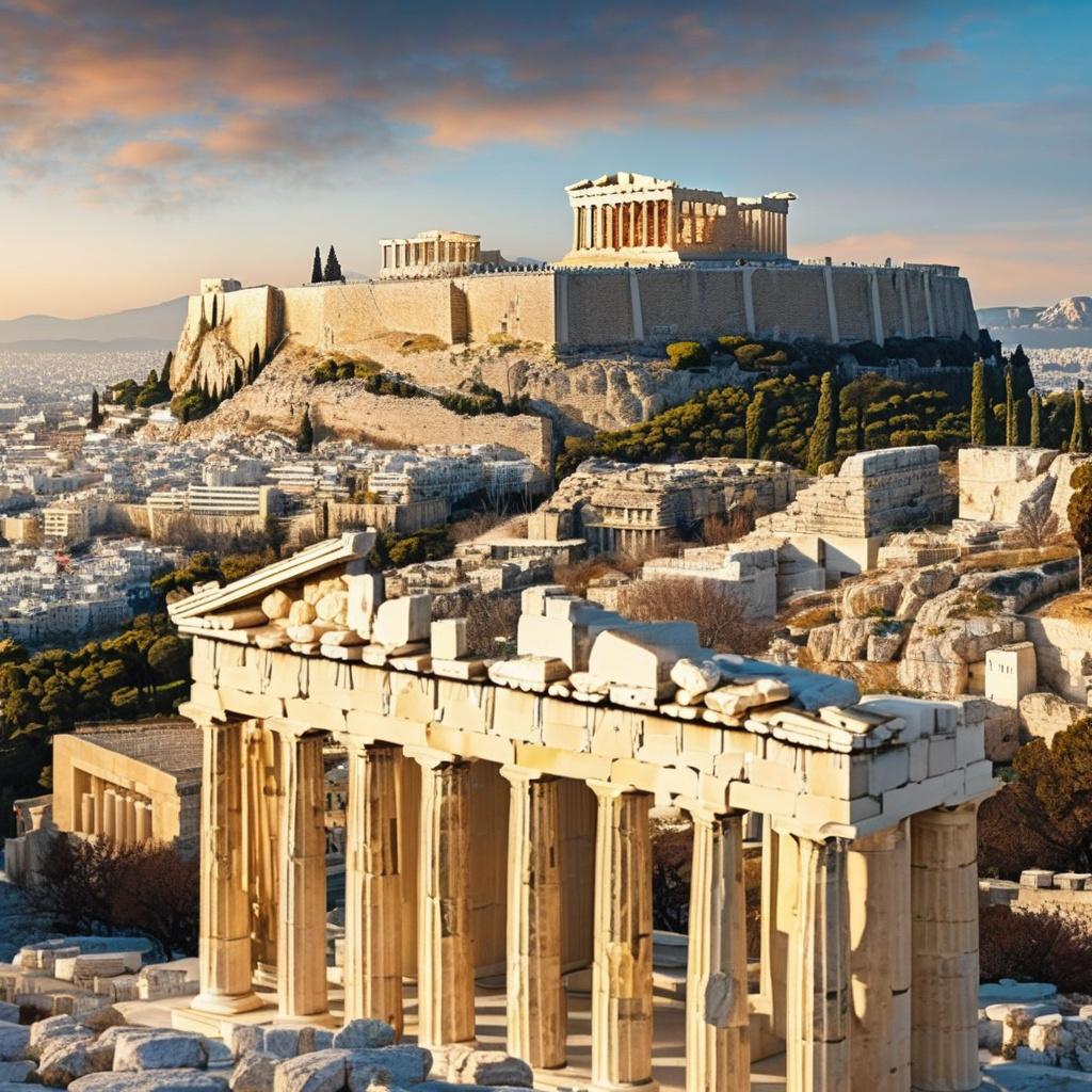 Святкові Афіни взимку з видом на Акрополь та ілюмінації Зимові Афіни на Новий рік, святкові вогні та антична архітектура