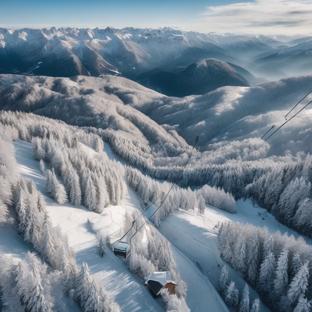 Гірськолижний підйомник у словенських Альпах, з гірськими вершинами на горизонті