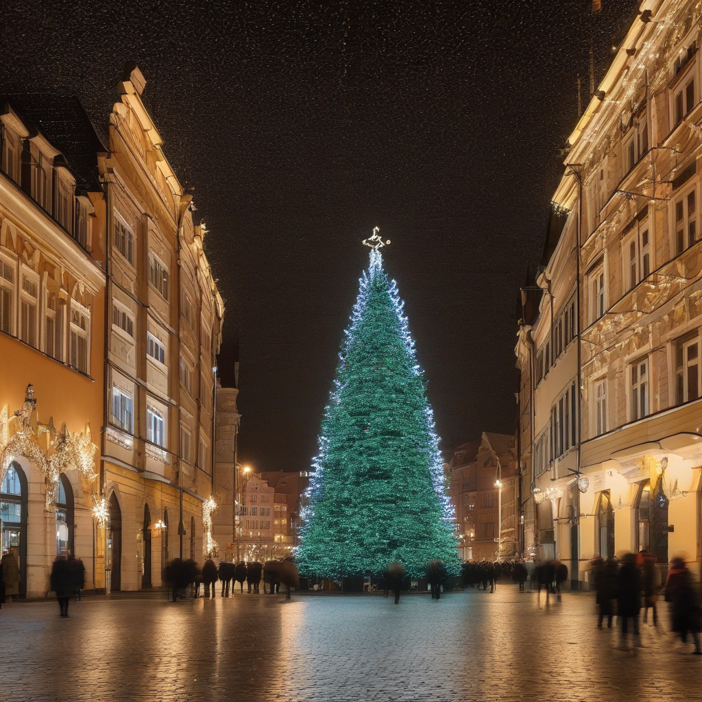Стилізована ялинка Вроцлава 2026, яскраве підсвічення і атмосфера площі Ринок Головна ялинка Вроцлава, різдвяні вогники, атмосфера площі