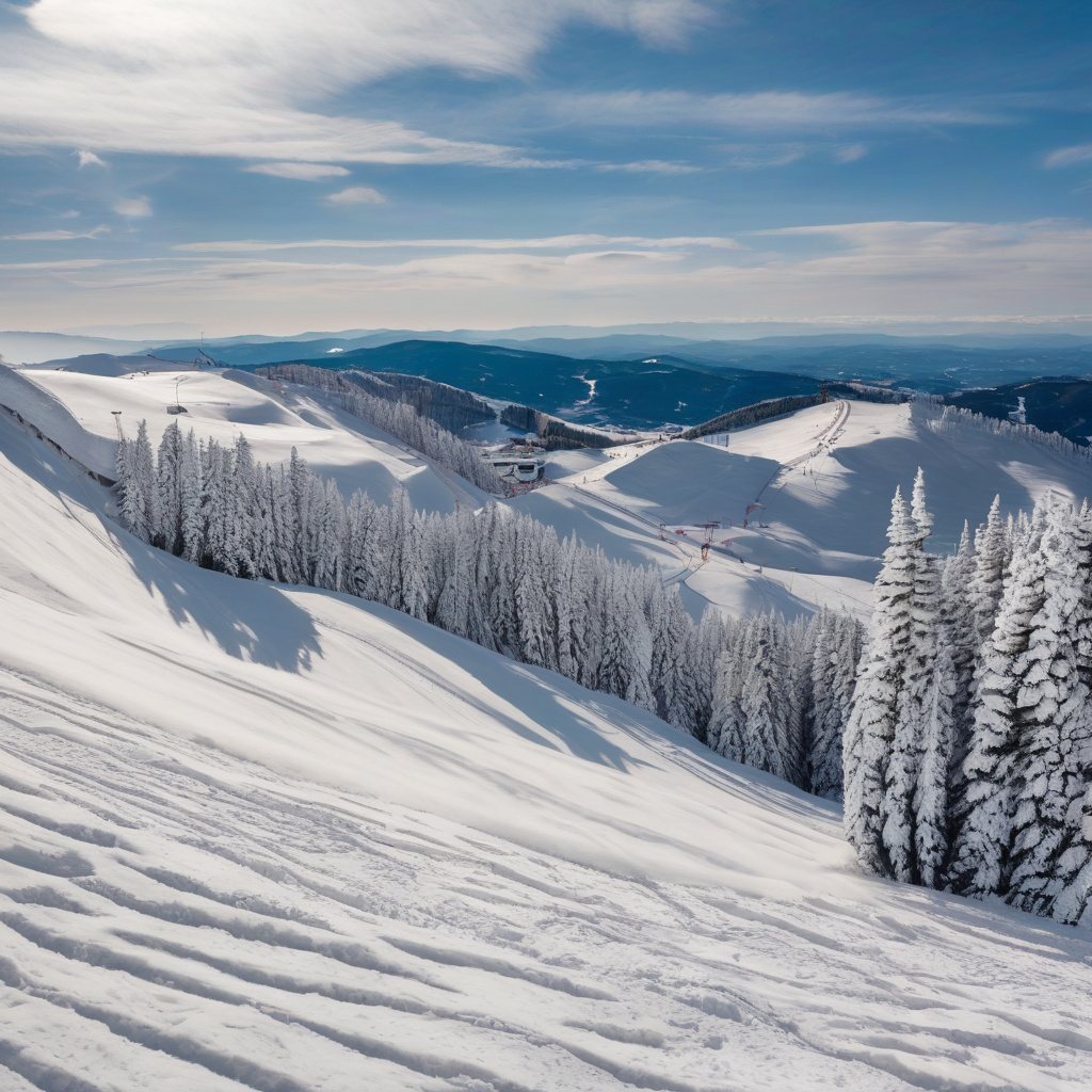 Гірськолижні схили Сербії на заході сонця, лижники та засніжені дерева