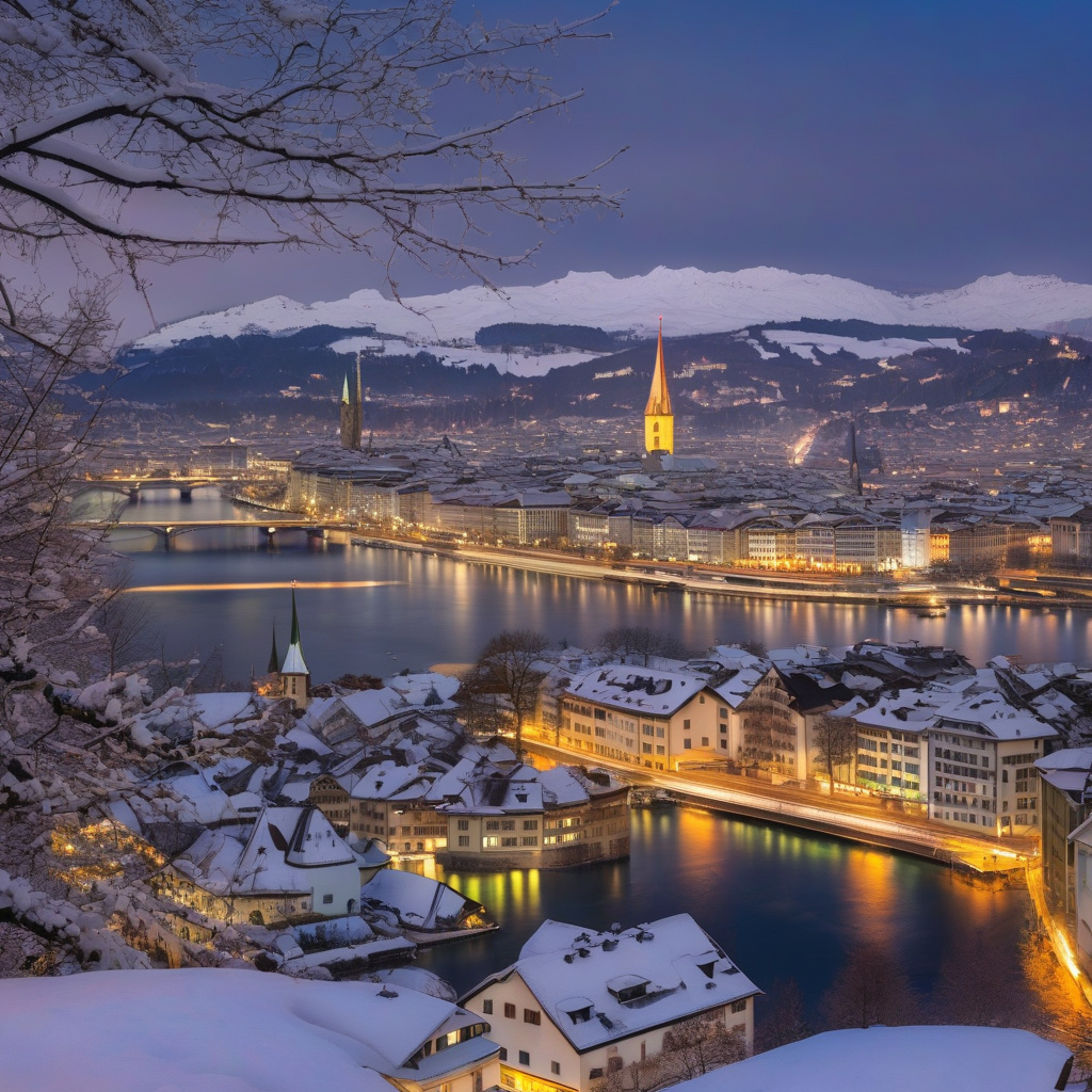 Ранковий зимовий Цюріх, річка, засніжені дахи і туман над містом