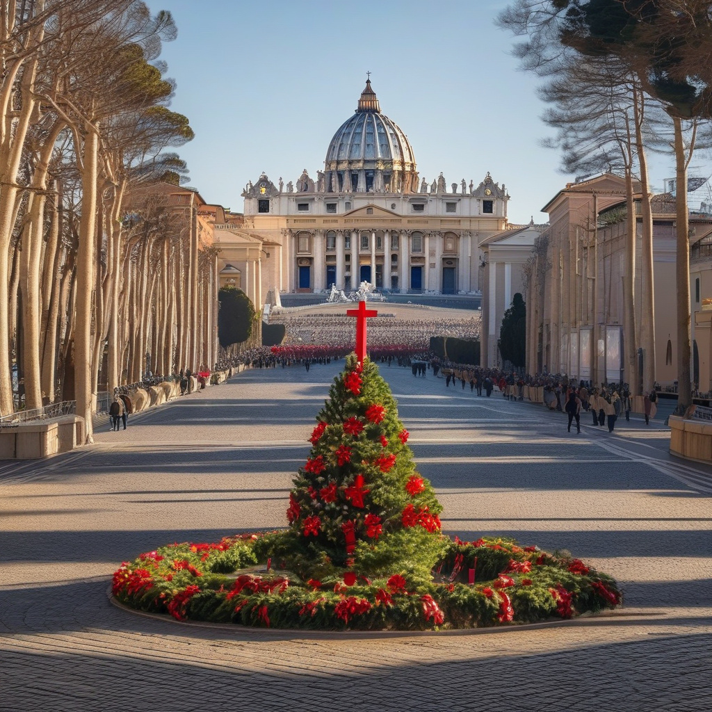 Різдво, Ватикан — вечірнє освітлення площі Святого Петра, натовп паломників, атмосферна ілюмінація