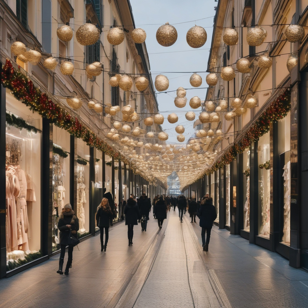 Вулиця Мілана, святкові ліхтарі та натовпи туристів у вечірньому місті