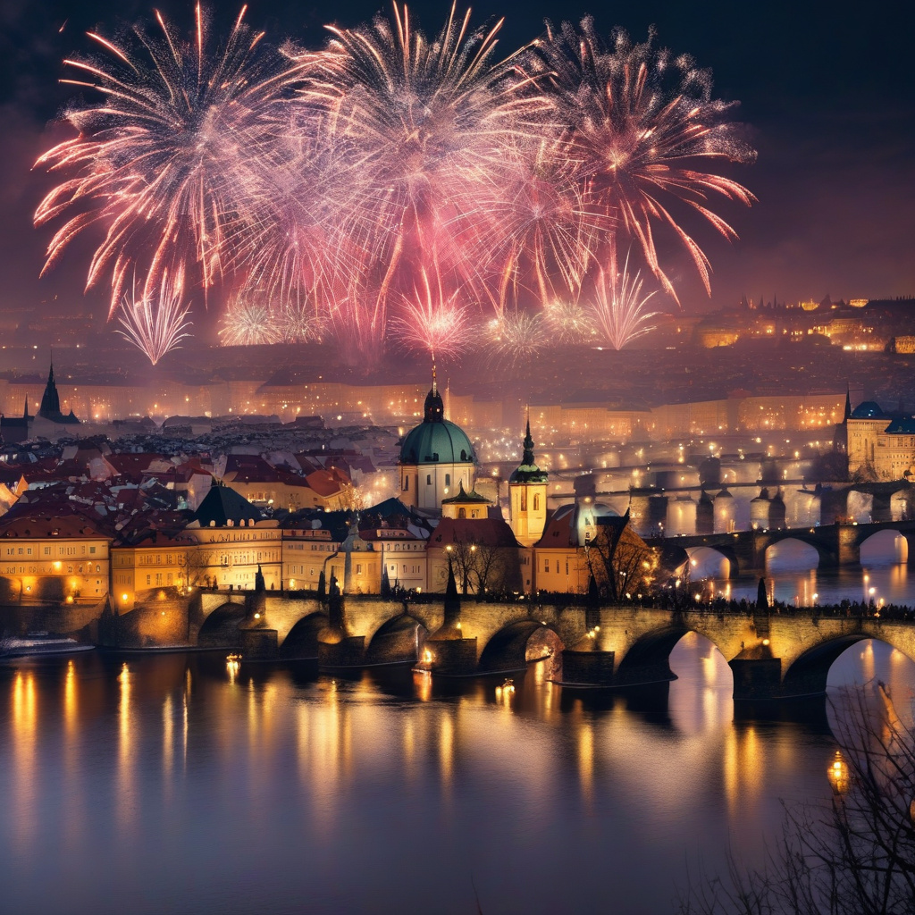 Новорічна Прага — вогні вечірнього міста, веселі перехожі, феєрверки над Карловим мостом