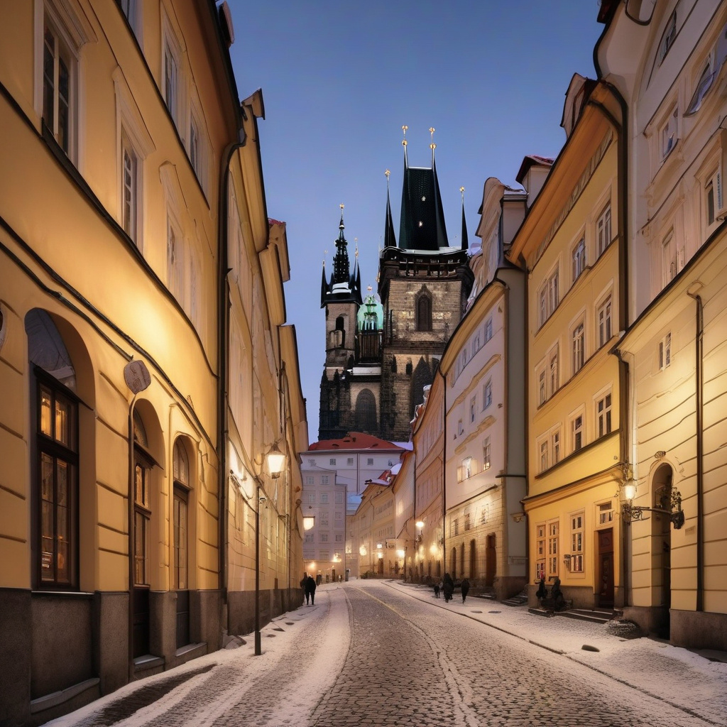 Готельний фасад у центрі Праги, світло у вікнах і нічна святкова атмосфера