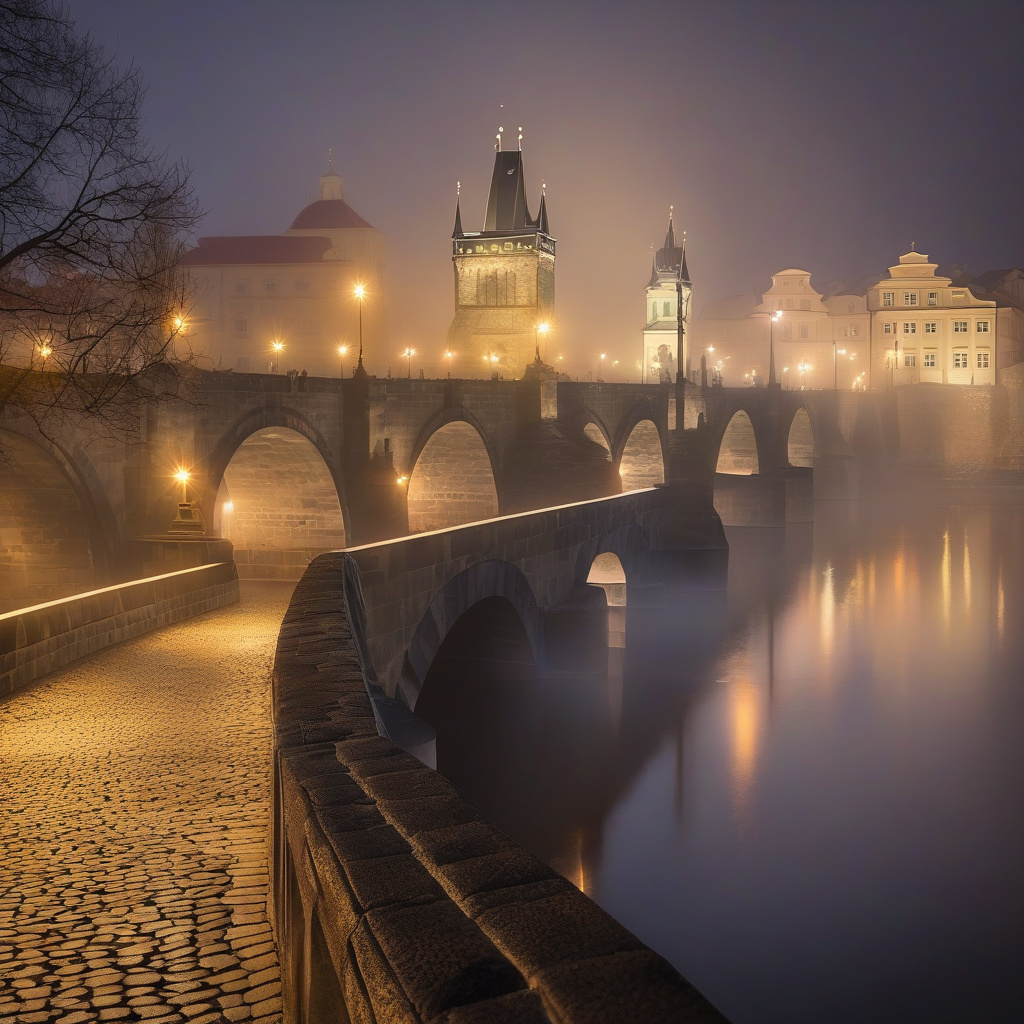 Зимовиражна Прага: засніжений Карлів міст, туристи, нічне підсвічування, романтична атмосфера