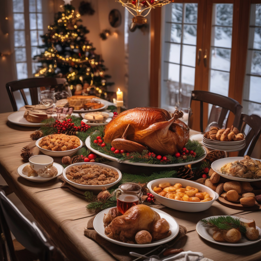 Swiss mountain village with winter fondue and festive table setting