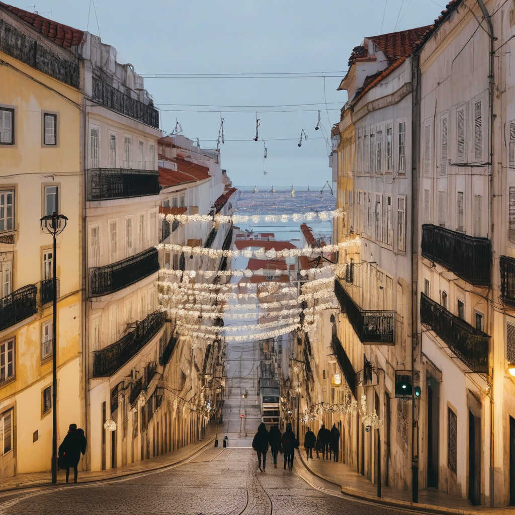 Різдвяний Лісабон: вечірнє місто на тлі моря у святкових вогнях Різдвяний Лісабон вечірнє місто море вогні свята