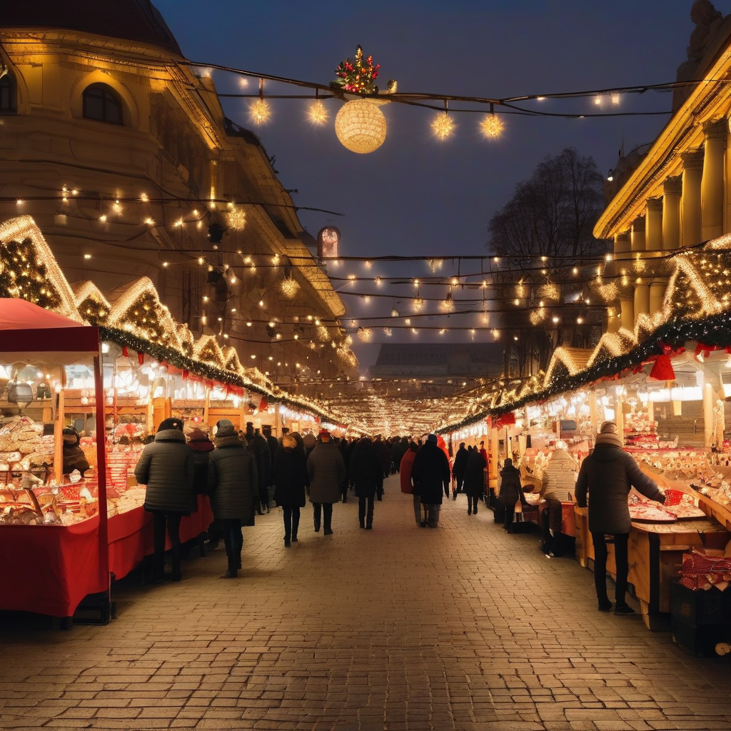 Яскраве святкове освітлення і різдвяні торгівельні ряди у Бухаресті взимку Зимовий маркет у центрі Бухареста на тлі ілюмінації, атракціони і торгові ряди