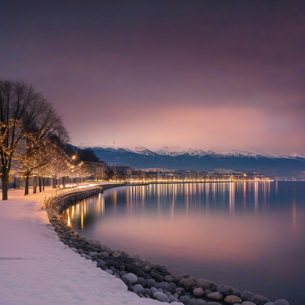 Новий рік — Женевське озеро, святкові вогні, зимові краєвиди біля води Женевське озеро в зимових новорічних ілюмінаціях, святкова атмосфера гір
