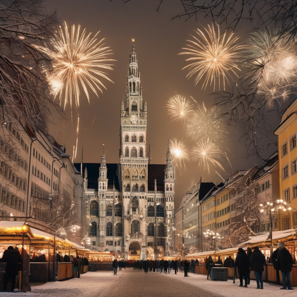 Святкові феєрверки у Мюнхені, центральні площі та барвисті вогні Нового року Святкові феєрверки у Мюнхені на Новий рік, люди на площі, сяючі фасади