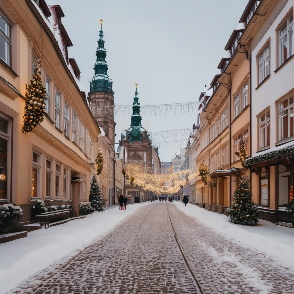 Дерев’яні різдвяні лавки та натовп відвідувачів на центральному ярмарку Лейпцига Зимовий Лейпциг: дерев’яні будиночки ярмарку і натовп людей, святкове оформлення