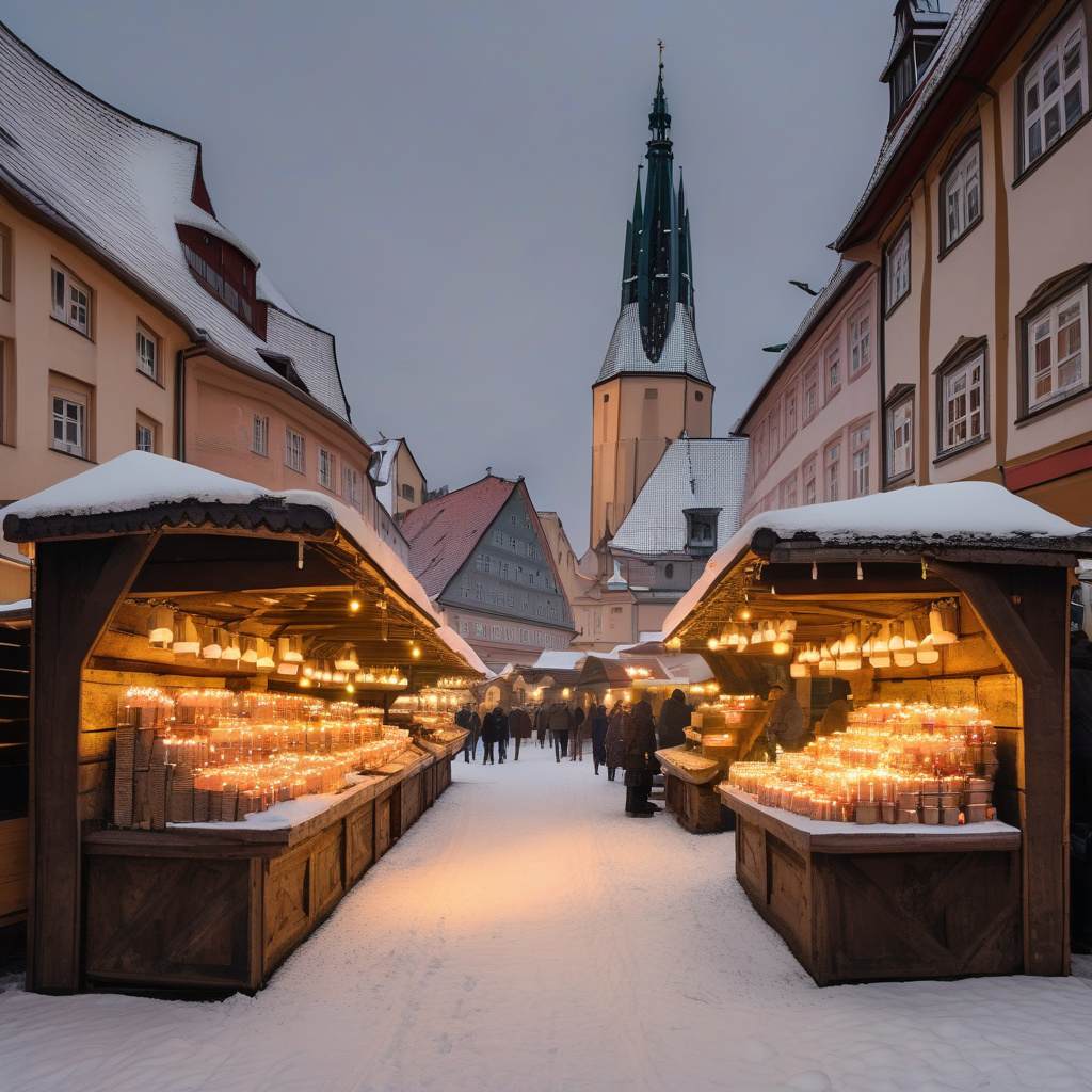 Затишок і смаколики – вечірній різдвяний ринок Лейпцига, гості біля ліхтаря Гарячі ліхтарі на вечірньому ринку Лейпцига, крамниця зі смаколиками та туристи