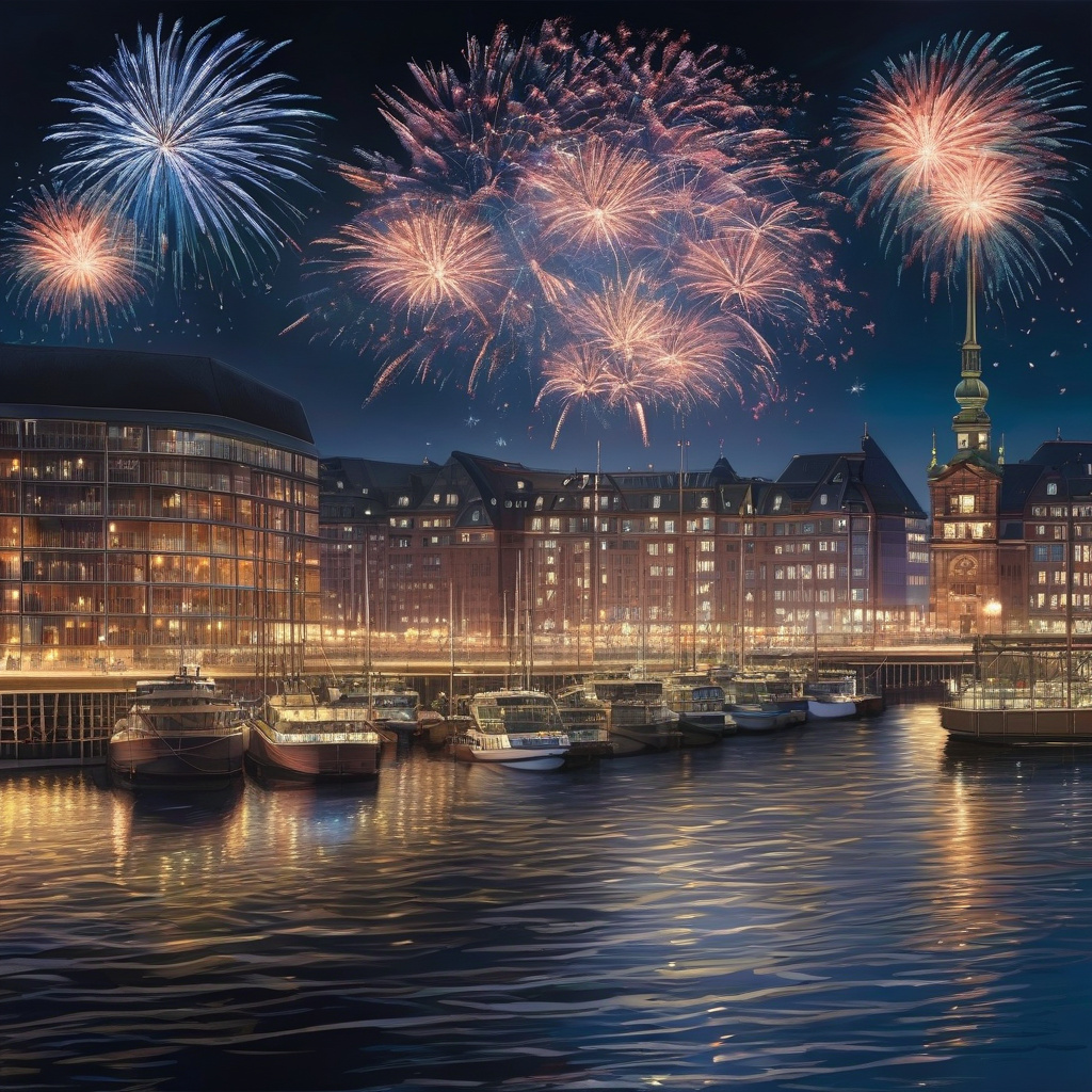 Барвистий феєрверк над портом Гамбурга: феєрія кольору над рікою Ельба Барвистий феєрверк над портом Гамбурга на Новий рік
