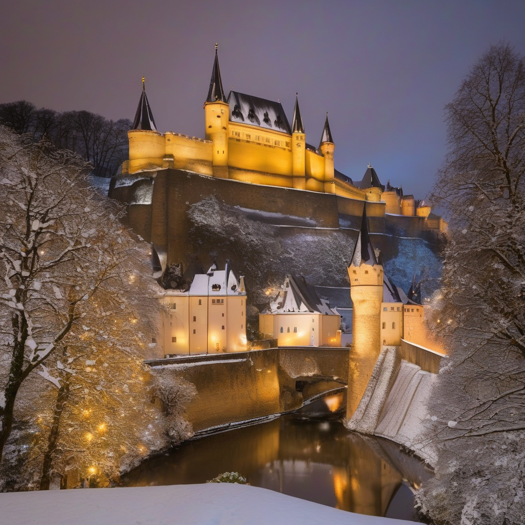 Старе місто Люксембургу: архітектура у святковому різдвяному світлі Старе місто Люксембургу взимку з ілюмінацією та святковими ярмарками на тлі середньовічної архітектури