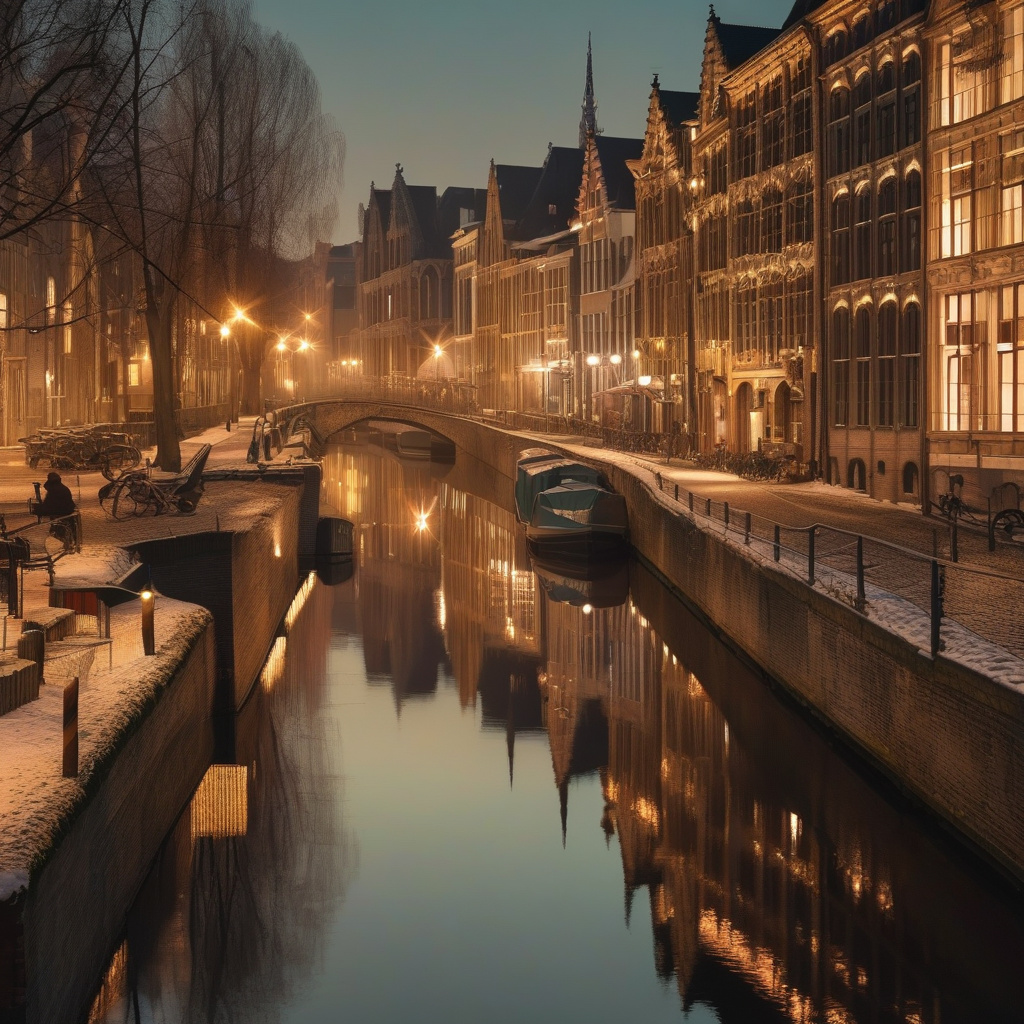 Сніговий зимовий канал у Генті: човни, історичні ліхтарі, святкове сяйво Зимовий канал Гента під снігом з ліхтарями
