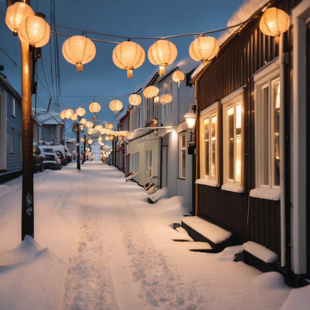Пішохідна вуличка Рейк'явіка засніжена і святково прикрашена на Новий рік