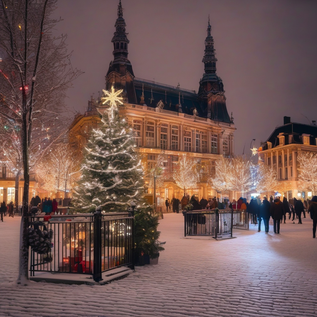 Вечірній різдвяний ринок: локації, світло й святковий натовп на площі Лілля Різдвяний ярмарок Лілля у вечірніх вогнях, дерев'яні будки, люди і декор