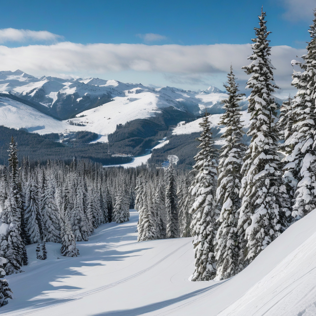 Гірськолижний відпочинок у Канаді: мальовничий зимовий пейзаж Гірськолижний схил Канади з лижниками на фоні хвойного лісу