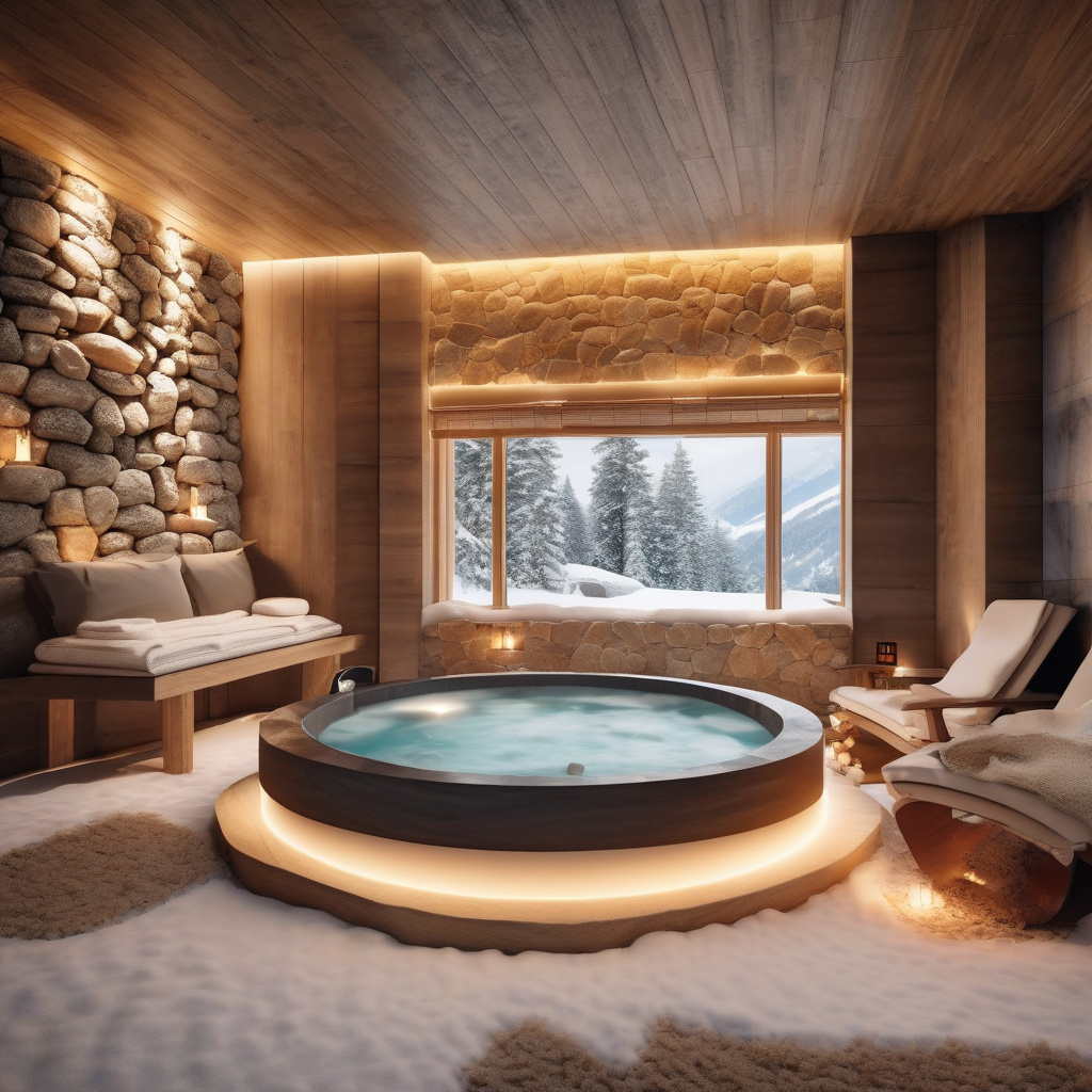 Спа-термальні води в зимових Альпах, гарячі басейни серед снігу Термальний спа-комплекс в Альпах взимку – засніжені гори і паруюча вода