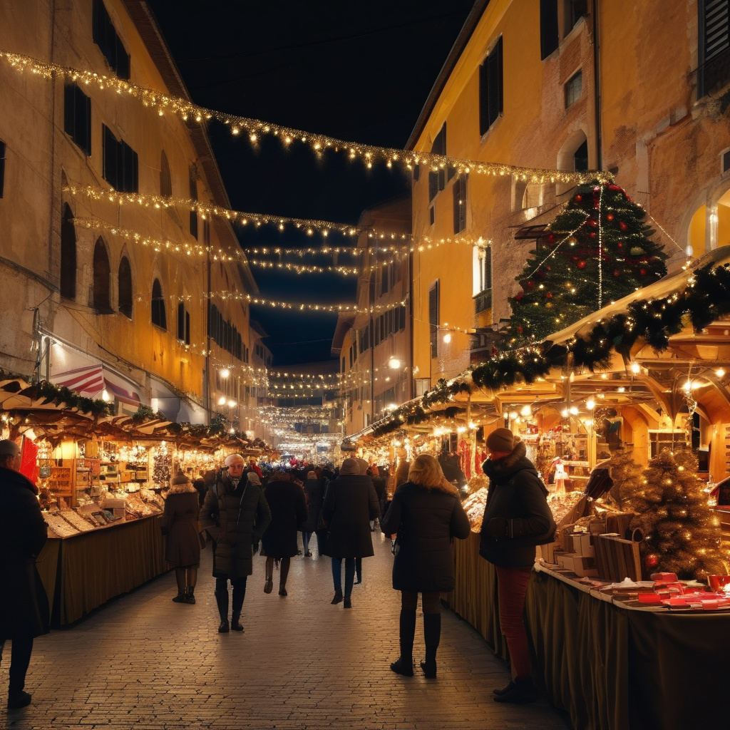 Різдвяний базар у Вероні на фоні стародавньої архітектури, ніч, святкові вогняні гірлянди