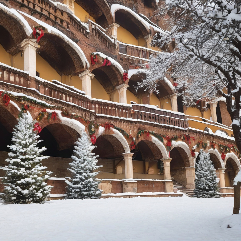 Середньовічна архітектура у Вероні, зима, сніг, колони, історичний центр