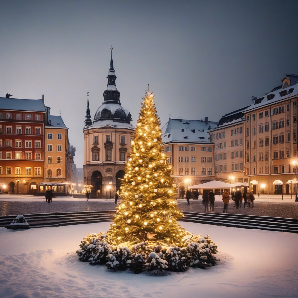 Головна ялинка Відня на різдвяному ярмарку в зимовому вечорі