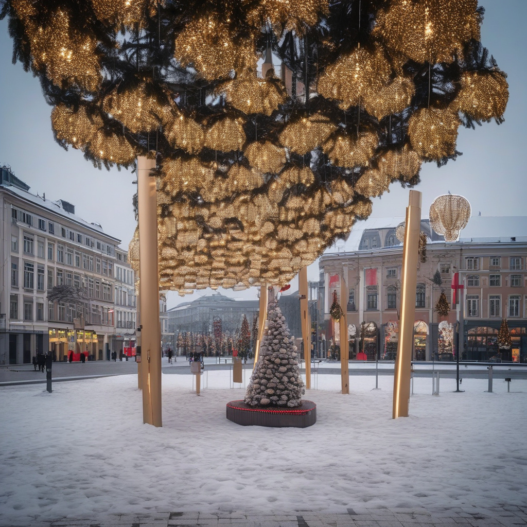 Ялинка біля готичної ратуші Брюгге, на фоні засніжених каналів