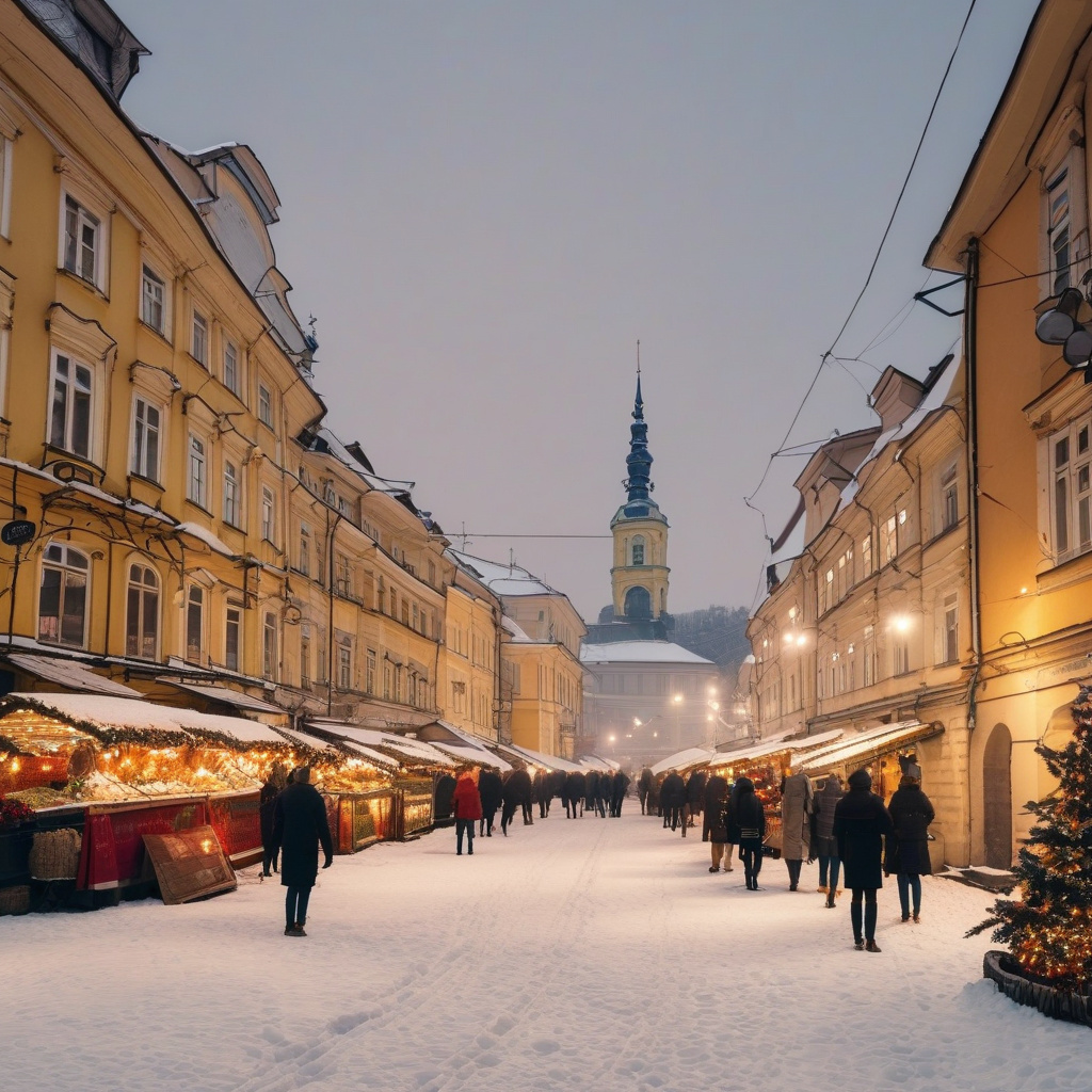 Lviv Old Town square New Year night winter holiday lights