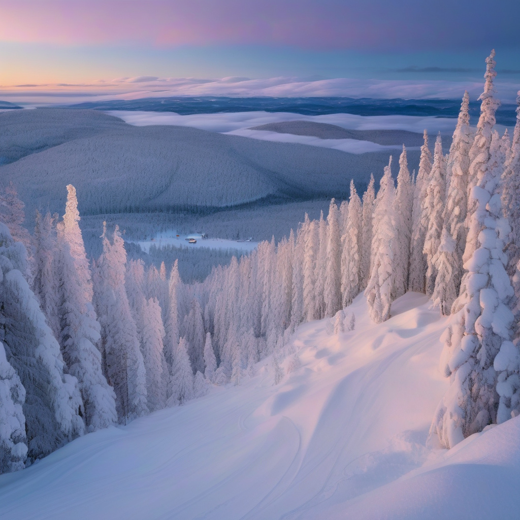 Сонячний день на схилі в Леві, зимовий ліс, лижники танцюють по снігу