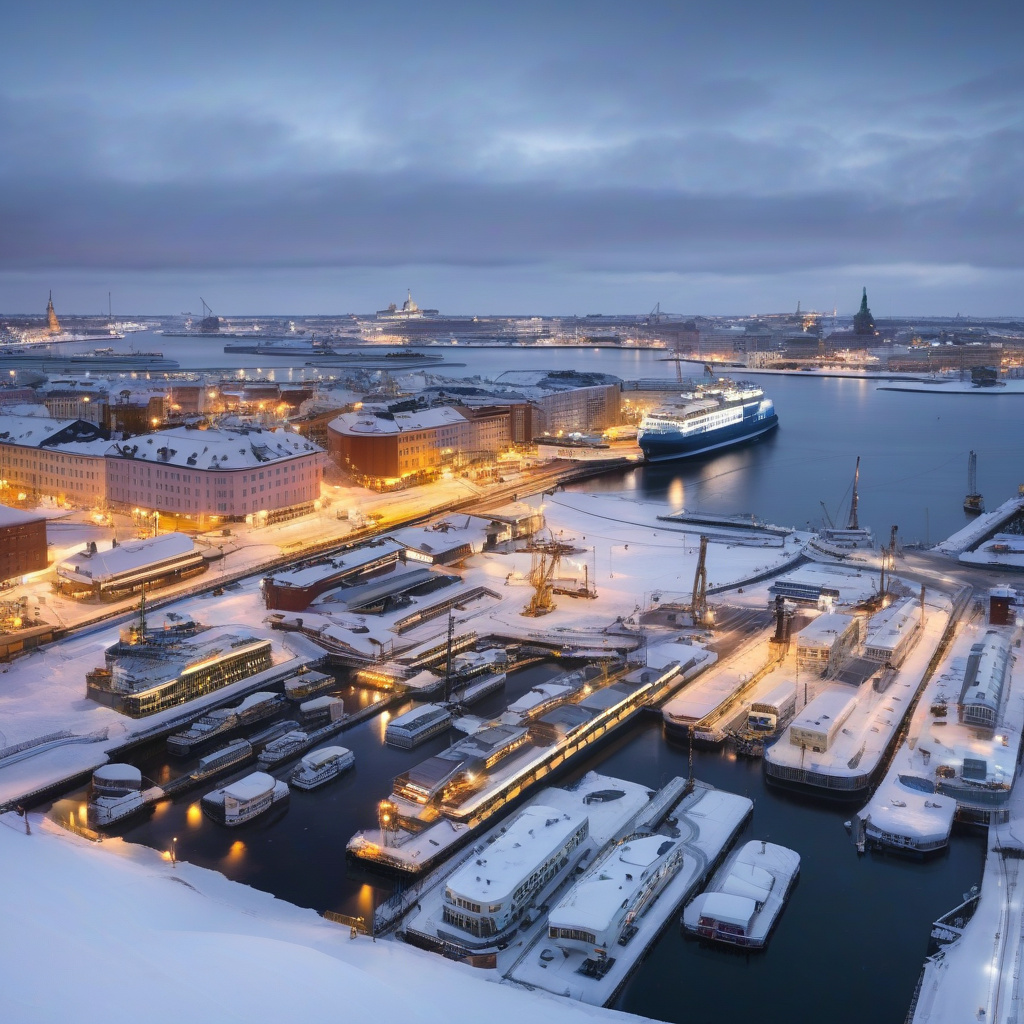 Helsinki cityscape dusted with snow at New Year's